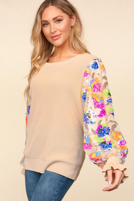 Haptics Floral Sequins Mesh Flounce Sleeve Sweater