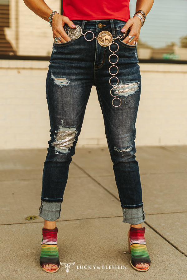 MID WASH SILVER SEQUIN PATCH DISTRESSED SKINNY JEANS (32IN INSEAM)