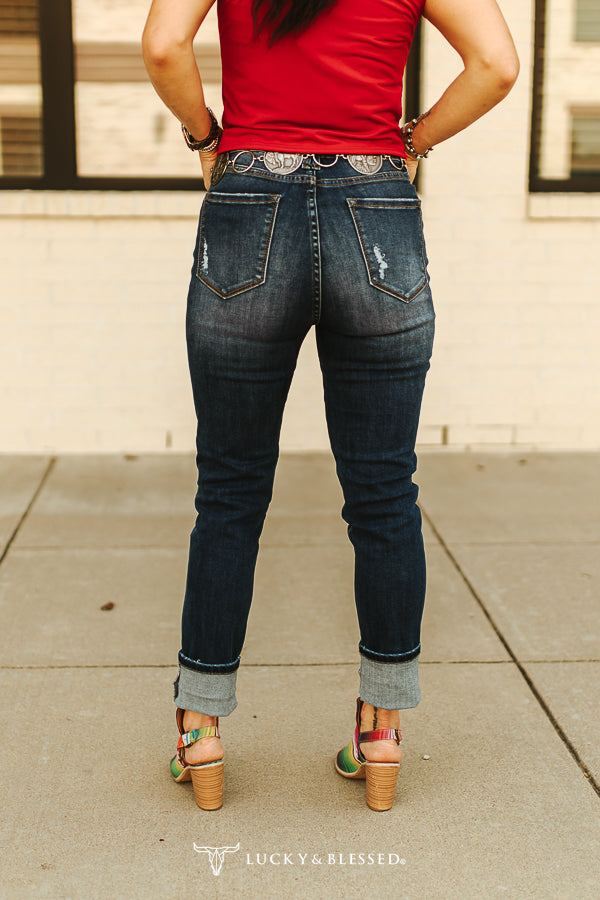 MID WASH SILVER SEQUIN PATCH DISTRESSED SKINNY JEANS (32IN INSEAM)