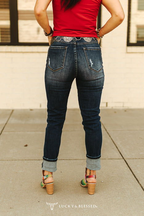 MID WASH SILVER SEQUIN PATCH DISTRESSED SKINNY JEANS (32IN INSEAM)