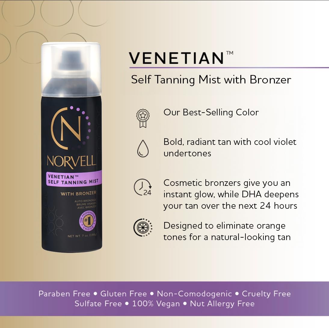 Norvell Venetian Sunless Self Tanning Mist - Airbrush Spray Solution with Bronzer for Instant Sun Kissed Glow