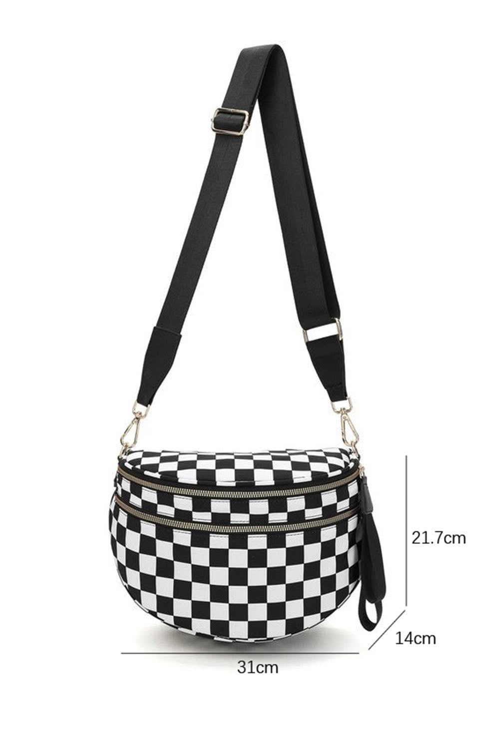 Color black Checkered Print Wide Strap Large Crossbody Bag