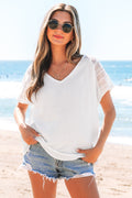 White Lace Crochet Textured Button Back V Neck T Shirt