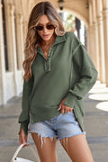 Moss Green Buttoned Collared Raw Detail High Low Baggy Sweatshirt with Slits