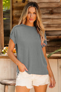 Medium Grey Textured Knit Exposed Stitching T-shirt