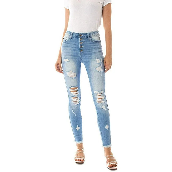 KANCAN AT LAST DISTRESSED BUTTON FLY SKINNY JEANS