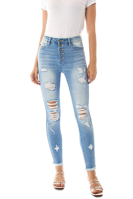 KANCAN AT LAST DISTRESSED BUTTON FLY SKINNY JEANS