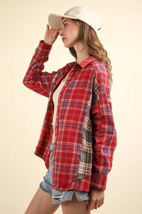 VERY J Contrast Plaid Raw Detail Shirt