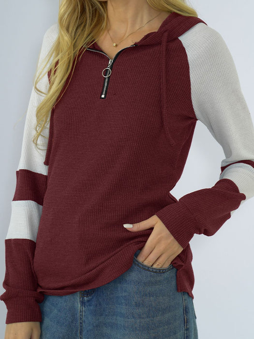 Waffle-knit Raglan Sleeve Zipper Front Hoody