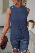 Blue Rib Knit Cut-out Front Twist Tank Top